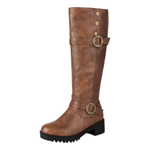 Damen Stiefeletten mit Absatz Elegant Blockabsatz Damen Stiefeletten mit Absatz aus Wildleder Blockabsatz Comfort Fit Kniehohe Reitstiefel für Reißverschluss, bequem, breiter Wade (Brown, 38) von Generisch