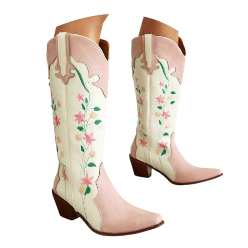 Damen Stiefeletten mit Absatz Elegant Blockabsatz Damenstiefel im Western Cowboystil mit Blumenstickerei, süße kniehohe Stiefel, spitze Zehenpartie, klobiger klassischer Retro Stiefel (Red, 39) von Generisch