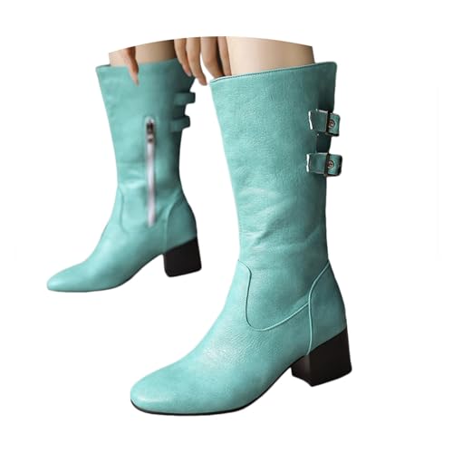 Damen Stiefeletten mit Absatz Elegant Blockabsatz Kniehohe Damenstiefel mit klobigem Absatz und spitzer Zehenpartie, bequem und modisch für Herbst Winter für Damen. (Green, 37) von Generisch