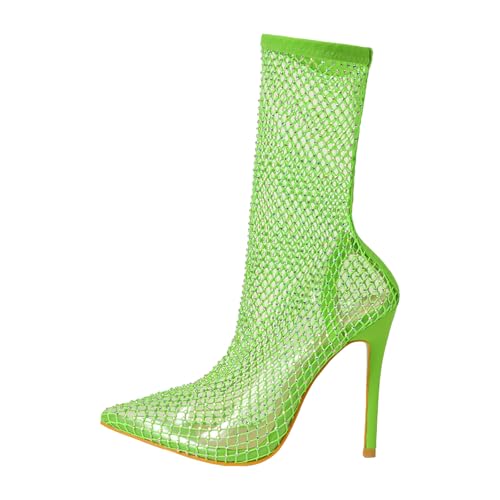 Damen Stiefeletten mit Absatz Elegant Spitz Damen Schnürstiefel ohne Absatz mit Blockabsatz Reißverschluss Große Größe Diamant Vielseitige Mesh Diamant Trendy High Heel Sandalen (Green, 36) von Generisch