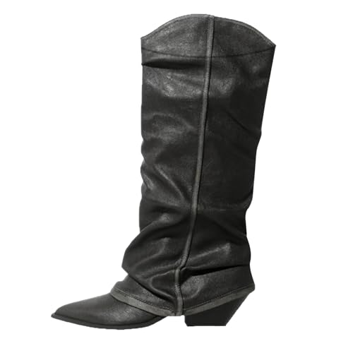Damen Stiefeletten mit Absatz Elegant Spitz Damen Stiefel mit Umschlag, spitzer Zehenbereich, Blockabsatz, breite Wade, Street Stiefel Kunstleder für Winter (Grey, 37) von Generisch