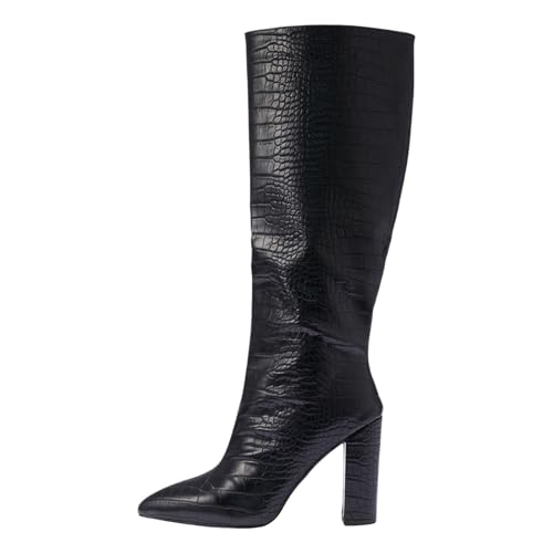Damen Stiefeletten mit Absatz Elegant Spitz Kniehohe Stiefel für Damen, breite Wade, quadratische Zehenpartie, niedriger Absatz, zum Überziehen, hohe Stiefel unterhalb des Knies, lange elegante (41) von Generisch