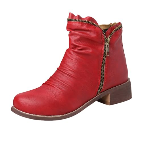 Damen Stiefeletten mit Absatz Elegant Spitz Lässige Stiefel mit runder Spitze und grobem Absatz für Damen im Außenhandel, niedrigem und seitlichem Reißverschluss, kurze Stiefel (Red, 45) von Generisch
