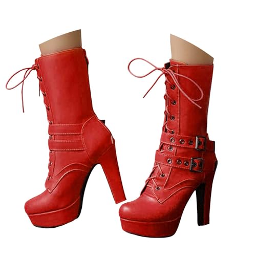 Damen Stiefeletten mit Absatz Elegant Spitz Stiefelette mit Hohem Absatz Seitlichem Reißverschluss Damen Ankle Boot Stiefeletten aus Leder modische Nieten, Knöchelriemen, Punk Stiefel (Red, 39) von Generisch