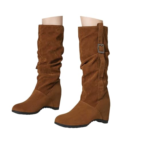 Damen Stiefeletten mit Absatz Elegant Spitz Stiefeletten Damen Schnürstiefel mit Reißverschluss Herbst Winter Boots Kniehohe Stiefel für extra weiter Wade. Weite, lässige Kniestiefel. (Brown, 36) von Generisch