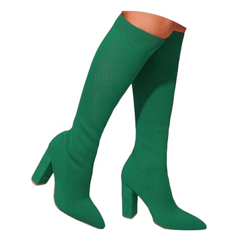 Damen Stiefeletten mit Absatz Elegant Spitz Stiefeletten Damen Schnürstiefel mit Reißverschluss Herbst Winter Boots Stretch Knit Kniehohe Stiefel Chunky Heel Winterstiefel für (Green, 37) von Generisch