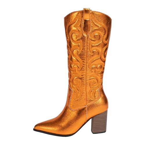 Damen Stiefeletten mit Absatz Elegant Spitz Westernstiefel mit dickem Schwamm, weich, gestickte Blumen, spitze Zehenpartie, dicker Absatz, High Heels, Übergrößen, ethnisch (Orange, 41) von Generisch