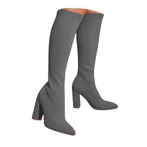 Damen Stiefeletten mit Absatz Elegant mit Reißverschluss Stiefeletten Damen Schnürstiefel Reißverschluss Herbst Winter Boots Stretch Knit Kniehohe Stiefel Chunky Heel Winterstiefel für (Grey, 37) von Generisch