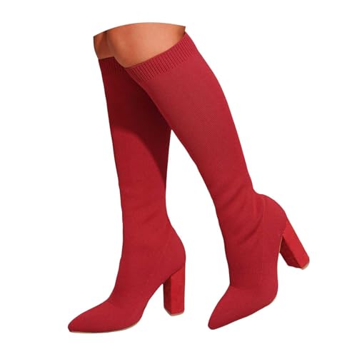 Damen Stiefeletten mit Absatz Elegant mit Reißverschluss Stiefeletten Damen Schnürstiefel Reißverschluss Herbst Winter Boots Stretch Knit Kniehohe Stiefel Chunky Heel Winterstiefel für (Red, 42) von Generisch