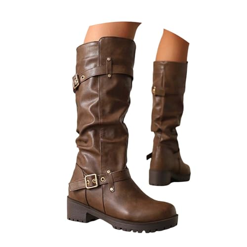 Damen Stiefeletten mit Absatz mit Reißverschluss Damenstiefel, stilvolle bequeme hohe Reitstiefel runder Zehenpartie, niedrigem Absatz seitlichem Reißverschluss Winter für Damen. (Brown, 38) von Generisch