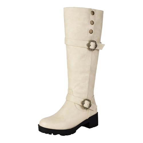 Damen Stiefeletten mit Absatz mit Reißverschluss Vegan Damen Stiefeletten Absatz aus Wildleder Blockabsatz Comfort Fit Kniehohe Reitstiefel für Reißverschluss, bequem, breiter Wade (Beige, 39) von Generisch