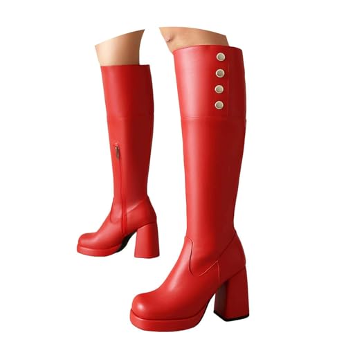 Damen Stiefeletten mit Absatz mit Reißverschluss Vegan Stiefeletten Damen Schnürstiefel Reißverschluss Herbst Winter Boots aus Leder modische Nieten, Knöchelriemen, Punk Stiefel (Red, 38) von Generisch
