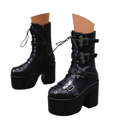 Damen Stiefeletten mit Absatz mit Reißverschluss Vegan Stiefeletten doppelter Plattform, klobige High Heels, Schnürung, seitliche Reißverschlüsse, quadratische Zehenpartie, Plattform Booty (35) von Generisch
