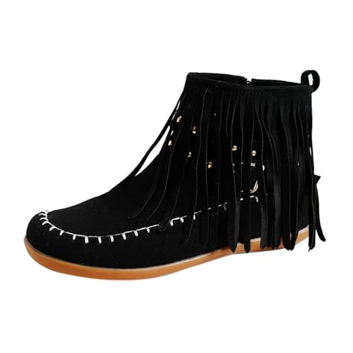 Damen Stiefeletten mit Fransen Wildleder Kurzstiefel mit Niete Seitlicher Reißverschluss Ankle Boots Vintage Runde Zehe Cowboyschuhe Flach Mokassin Stiefel Herbst Winter Western Lederstiefel von Generisch