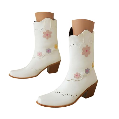 Damen Stiefeletten mit Queenie Absatz Elegant Damen Cowboystiefel mit Blumenmuster, süße Western Country Stiefel Blumenmuster, spitzer Zehenbereich und klobigem Absatz, Schuhe für (White, 35) von Generisch