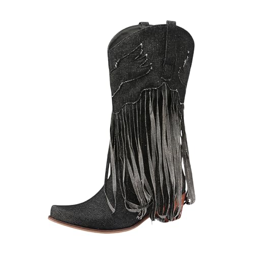 Damen Stiefeletten mit Queenie Absatz Elegant Damen Cowboystiefel mit Fransen, quadratischer Zehenpartie, wadenlang, bestickt, Westernstiefel, Quastenstiefel, gestapelter Absatz, Retro Stiefel (36) von Generisch
