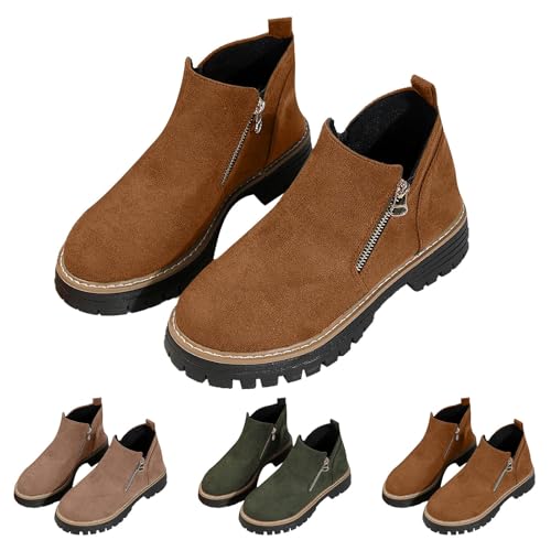 Damen-Stiefeletten mit Reißverschluss, Stiefeletten mit Reißverschluss, zum Hineinschlüpfen, Outdoor-Stiefel, bequem, stilvoll, klassisch, Westernstiefel, runder Zehenbereich, niedriger Absatz von Generisch