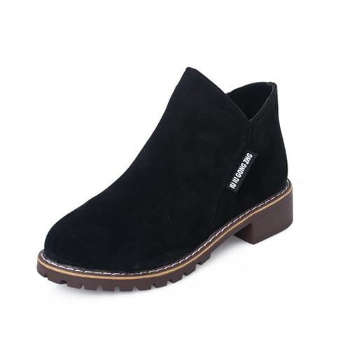 Damen-Stiefeletten mit dickem Boden, kurzer, flacher niedriger Absatz, Herbststiefel, Kleid, Chelsea, lässig, wasserdicht, seitlicher Reißverschluss, Schwarz , 37 EU von Generisch