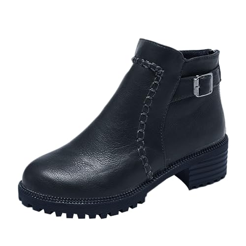 Damen Stiefeletten mit niedriger Absatz Herbst Winter Freizeit Stiefel Dicke Boden Ankle Boots mit Gürtelschnalle Runde Zehe Western Lederstiefel Weiche Sohle Kurzstiefel Modische Motorradstiefel von Generisch
