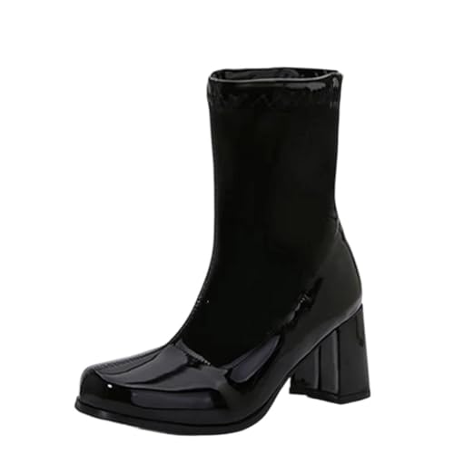 Damen Stiefeletten mit quadratischem Absatz, PU-Leder, runder Zehenbereich, Reißverschluss, Partykleid, Clubschuhe, Schwarz , 39 EU von Generisch
