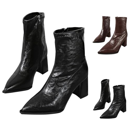 Damen-Stiefeletten mit spitzem Zehenbereich, seitlicher Reißverschluss, Stiletto, hoher Absatz, grob, Cowboy-Cowgirls, kurze Stiefel, Westernstiefel, lässig, bequem, leichte Lederschuhe, Schwarz von Generisch
