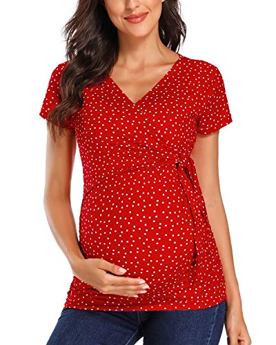 Damen Stillshirt Kurzarm V-Neck Umstandsshirt mit Stillfunktion, Soft Nursing Top für Schwangere (DE/NL/SE/PL, Alphanumerisch, XL, Regular, Regular, Rot Dot) von Generisch