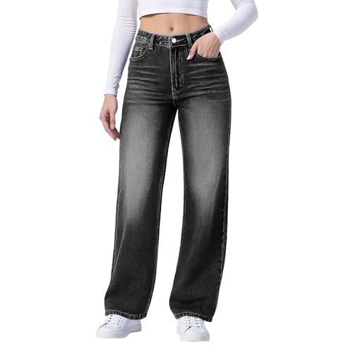 Damen Straight Leg Jeans Baggy Lang Jeanshose High Waist Weites Bein Jeanshosen Freizeithose Leichter Oversize Denimhose Mit Knopfleiste Und Taschen Loose Fit Mode Hosen Schwarz L Schwarz L von Generisch
