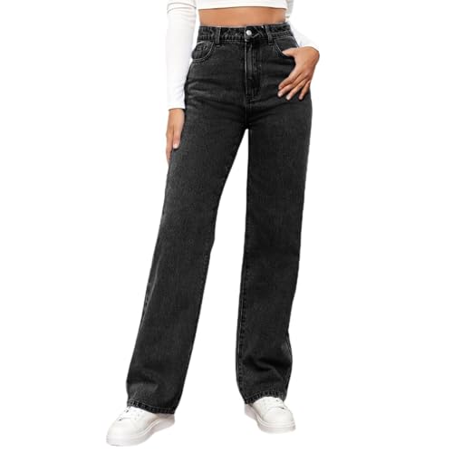Damen Straight Leg Jeans Baggy Lang Jeanshose High Waist Weites Bein Jeanshosen Freizeithose Leichter Oversize Denimhose Mit Knopfleiste Und Taschen Loose Fit Mode Hosen Schwarz XL Schwarz XL von Generisch