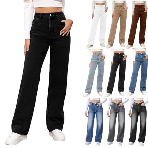 Damen Straight Leg Jeans Baggy Lang Weites Bein Denimhose Jeanshosen High Waist Leichter Oversize Freizeithose Mit Knopfleiste Taschen Loose Warm Elegant Hosen Passform Für Wandern 01 Schwarz XL von Generisch