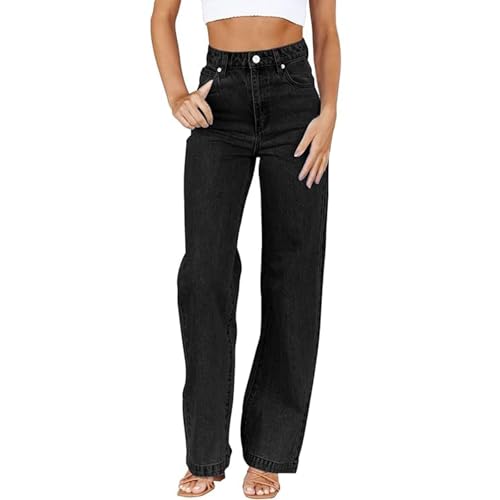 Damen Straight Leg Jeans Baggy Lang Weites Bein Jeanshosen | High Waist Leichter Oversize Denimhose Mit Knopfleiste Freizeithose | Passform Für Wandern Elastisch Klassisch Streetwear von Generisch