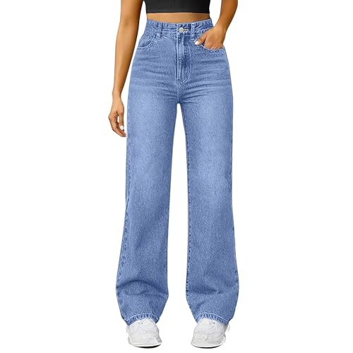 Damen Straight Leg Jeans Baggy Lang Weites Bein Jeanshosen High Waist Leichter Oversize Denimhose mit Knopfleiste Taschen Loose Warm Freizeithose Passform für Wandern (BU1, S) von Generisch