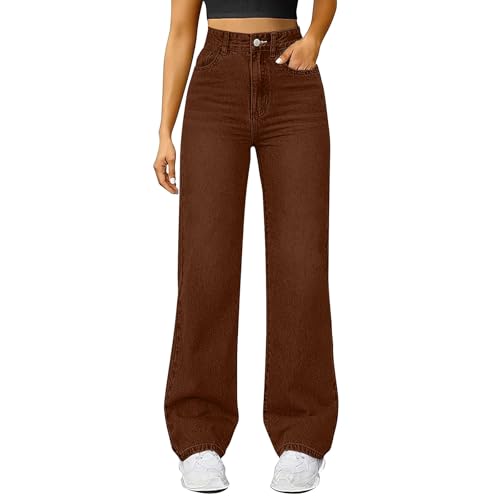 Damen Straight Leg Jeans Baggy Lang Weites Bein Jeanshosen High Waist Leichter Oversize Denimhose mit Knopfleiste Taschen Loose Warm Freizeithose Passform für Wandern (Brown, M) von Generisch
