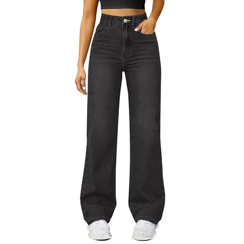 Damen Straight Leg Jeans Baggy Lang Weites Bein Jeanshosen High Waist Leichter Oversize Denimhose mit Knopfleiste Taschen Loose Warm Freizeithose Passform für Wandern (Grey, XXL) von Generisch