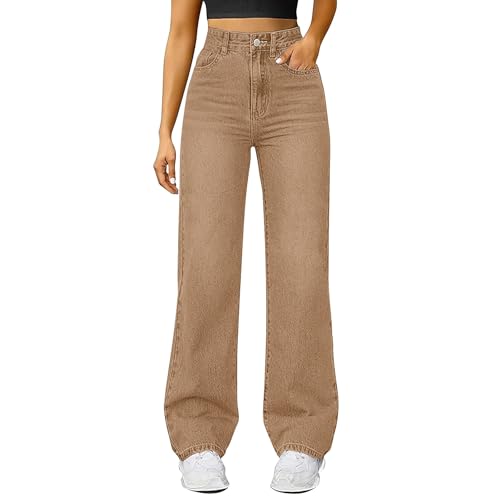 Damen Straight Leg Jeans Baggy Lang Weites Bein Jeanshosen High Waist Leichter Oversize Denimhose mit Knopfleiste Taschen Loose Warm Freizeithose Passform für Wandern (Khaki, XXXXXL) von Generisch