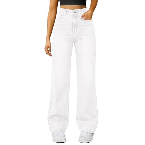 Damen Straight Leg Jeans Baggy Lang Weites Bein Jeanshosen High Waist Leichter Oversize Denimhose mit Knopfleiste Taschen Loose Warm Freizeithose Passform für Wandern (White, XL) von Generisch
