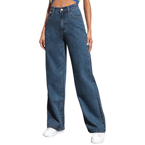 Damen Straight Leg Jeans Baggy Lang Weites Bein Jeanshosen High Waist Leichter Oversize Denimhose mit Knopfleiste Taschen Loose Warm Freizeithose Passform für Wandern Teenager Mädchen von Generisch