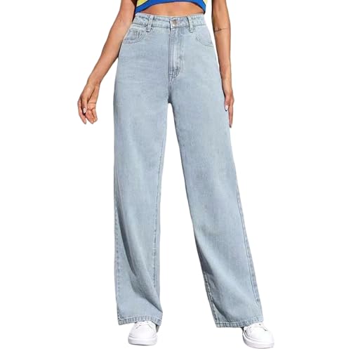 Damen Straight Leg Jeans Baggy Lang Weites Bein Jeanshosen High Waist Leichter Oversize Denimhose mit Knopfleiste Taschen Loose Warm Freizeithose Passform für Wandern Teenager Mädchen von Generisch