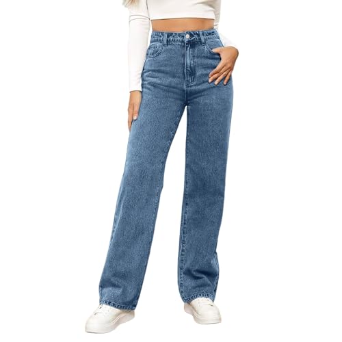 Damen Straight Leg Jeans Baggy Lang Weites Bein Jeanshosen High Waist Leichter Oversize Denimhose mit Knopfleiste Taschen Loose Warm Freizeithose Passform für Wandern von Generisch