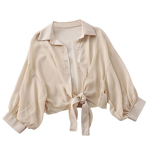 Damen StrandHemd Langarm Chiffon Bikini Cover Up Strand Vertuschen Sommer Dünn Strandbekleidung Strandurlaub Lockere Atmungsaktiv Bequem Bikinioberteil Shirt Beachwear (Khaki, S) von Generisch