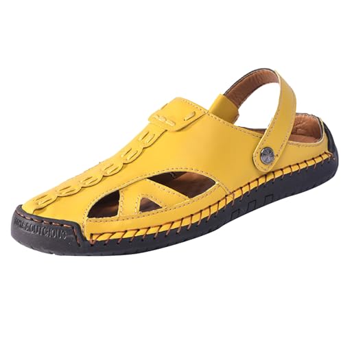 Damen Strandschuhe Leder Sandalen Flache Hausschuhe Verstellbaren Fersenriemen Clogs Rutschfeste Gartenschuhe Handgefertigte Wandersandale Leichte Atmungsaktive Trekkingsandale von Generisch