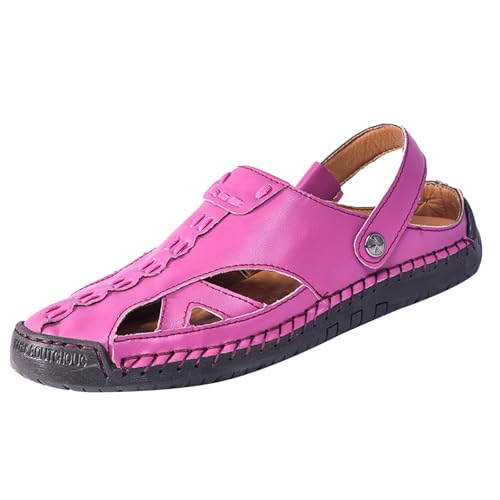 Damen Strandschuhe Leder Sandalen Flache Hausschuhe Verstellbaren Fersenriemen Clogs Rutschfeste Gartenschuhe Handgefertigte Wandersandale Leichte Atmungsaktive Trekkingsandale von Generisch