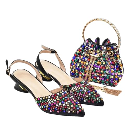 Damen-Strass-Dekoration, hoher Absatz, spitzer Zehenbereich, Bankettschuhe und Tasche, Set, Party, Hochzeit, Brautschuhe, Schwarz für Set, 42.5 EU von Generisch