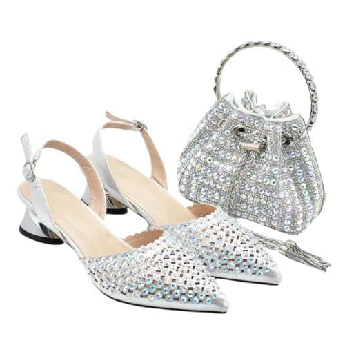 Damen-Strass-Dekoration, hoher Absatz, spitzer Zehenbereich, Bankettschuhe und Tasche, Set, Party, Hochzeit, Brautschuhe, Silber für Set, 43 EU von Generisch