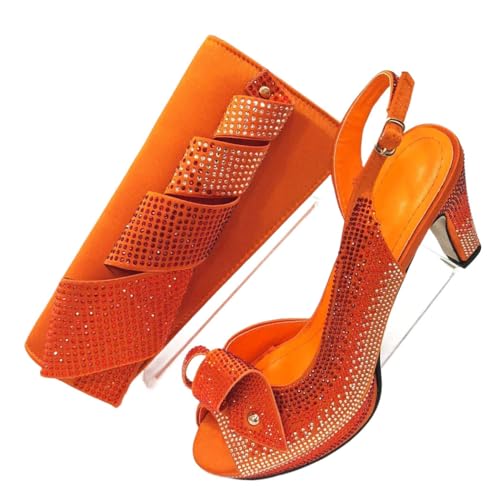 Damen Strass Heels Taschen Set Nigerianischer afrikanischer Stil Elegante Tasche Sets, Orange, 40.5 EU von Generisch