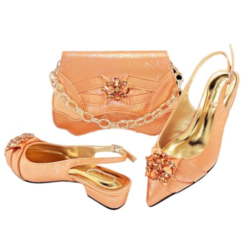 Damen Strass Low Heels und Handtasche Set Elegante Hochzeit Accessoires für Party Passendes Outfit, Orange, 40.5 EU von Generisch