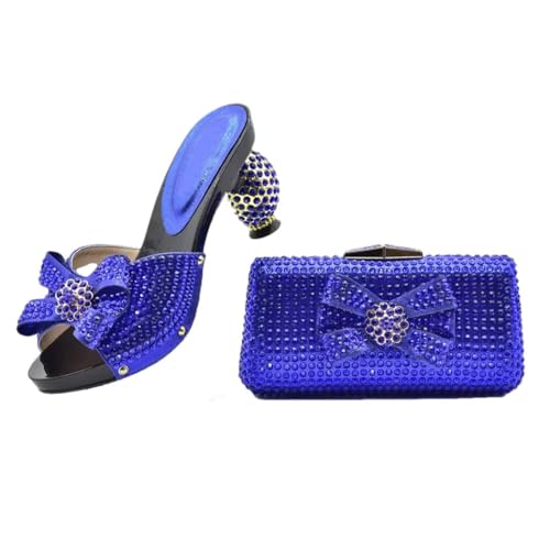 Damen-Strass-Partyschuhe und Handtaschen-Set, italienischer Stil, passendes Hochzeitsoutfit, blau, 39.5 EU von Generisch