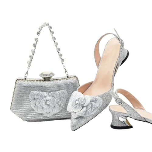 Damen Strass Pumps Damenschuhe Schuh und Tasche Set für Nigeria Party Italien Schuhe und Tasche Set, silber, 43 EU von Generisch