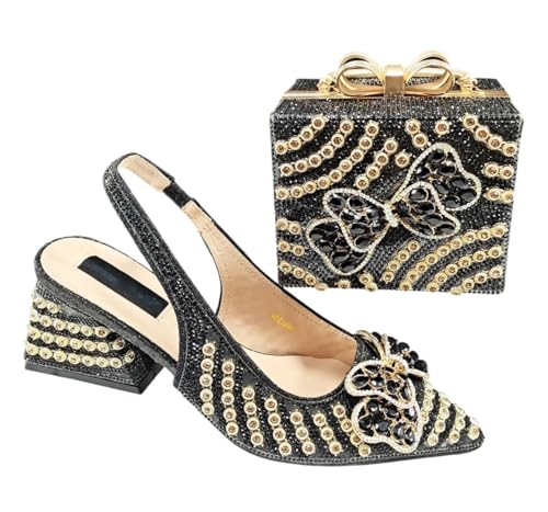 Damen Strass Schuh und Tasche Set Italienischer Stil Spitze Zehen High Heels für Party Hochzeit, Schwarz , 43 EU von Generisch