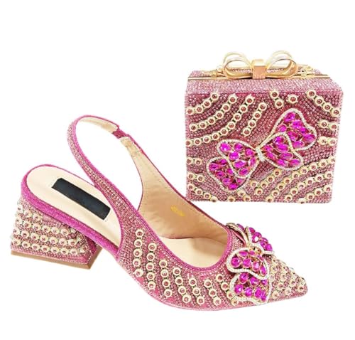 Damen Strass Schuh und Tasche Set Italienischer Stil Spitze Zehen High Heels für Party Hochzeit, fuchsia, 40.5 EU Damen Strass Schuh und Tasche Set Italienischer Stil Spitze Zehen High Heels für Party Hochzeit, fuchsia, 40.5 EU von Generisch