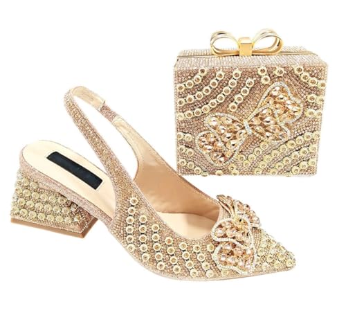 Damen Strass Schuh und Tasche Set Italienischer Stil Spitze Zehen High Heels für Party Hochzeit, pfirsich, 40.5 EU von Generisch